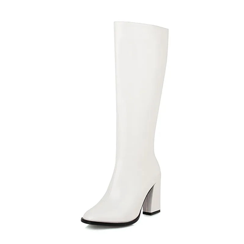 Elegant Knee High Boots Women Autumn Winter Women's High Boots Zipper Heels White Green Long Shoes Ladies Large Size 48 white