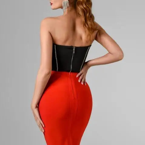 Red Black Ladies HL Bandage Dress Strapless Sexy 2 Pieces Bodycon Mini Dress Off the Shoulder Girls' Birthday Party Dress