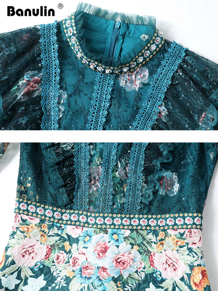 Spring Fashion Runway Flower Jacquard Dress Women's Beading Stand Long Sleeve Ruffles Lace Stitching Vintage Party Vestidos