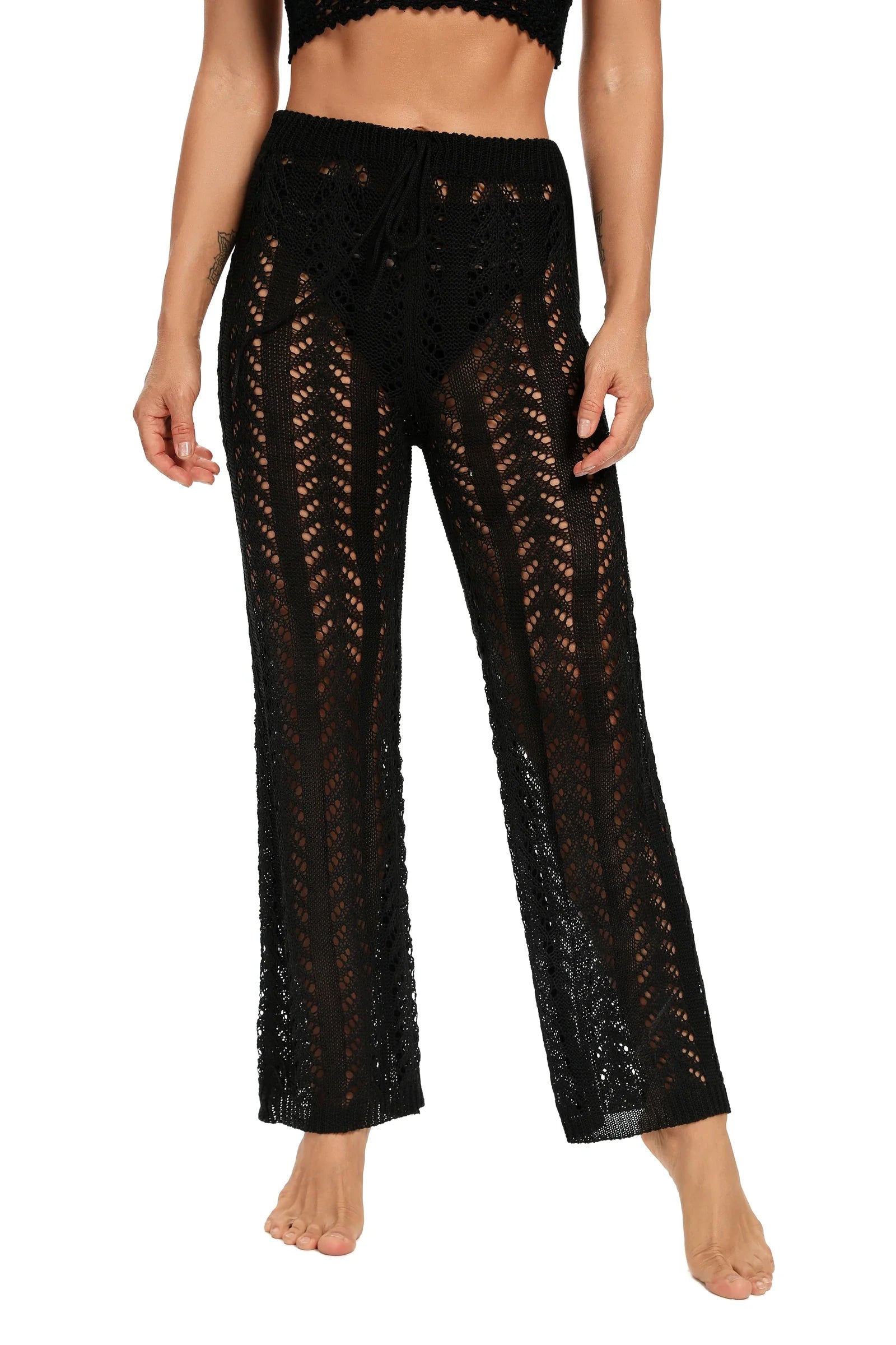 Women Beach Bikini Swim Pants Sexy Bikini Cover Up Sunscreen Nets pant Mesh Tunic Pareo Beachwear Crochet Slim Bikini Top black