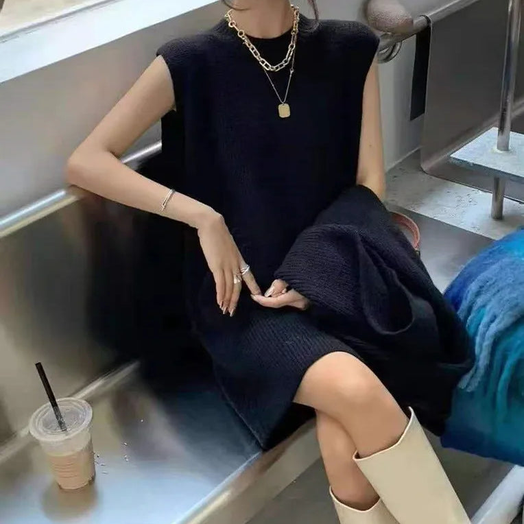 FIGOHR Thick Plain Knitted Dress Sets Women's Elegant Sweaters Lantern Sleeve Shawl and Dress 2 Pieces Outfits Autumn Winter