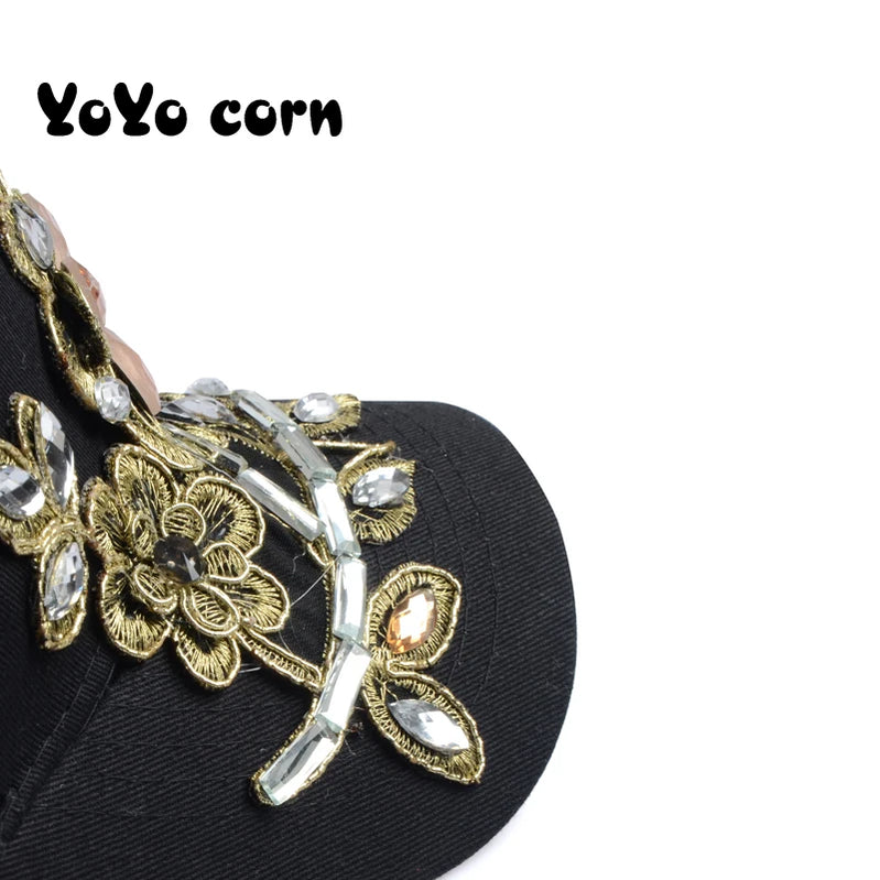 Baseball Cap With Flower Canvas Snapback Caps For Women Female Cap Hat Rhinestone Denim Cap