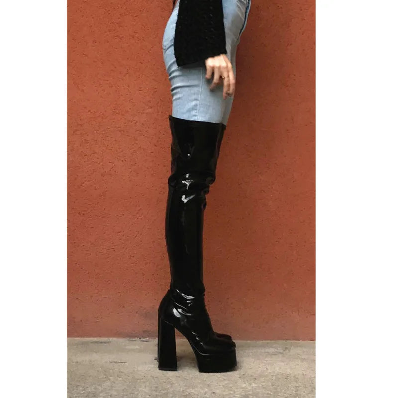 Nightclub Women Thigh High Boots Glisten Patent Leather High Platform Boots Sexy Solid Color High Heels Shoes Women's High Boots
