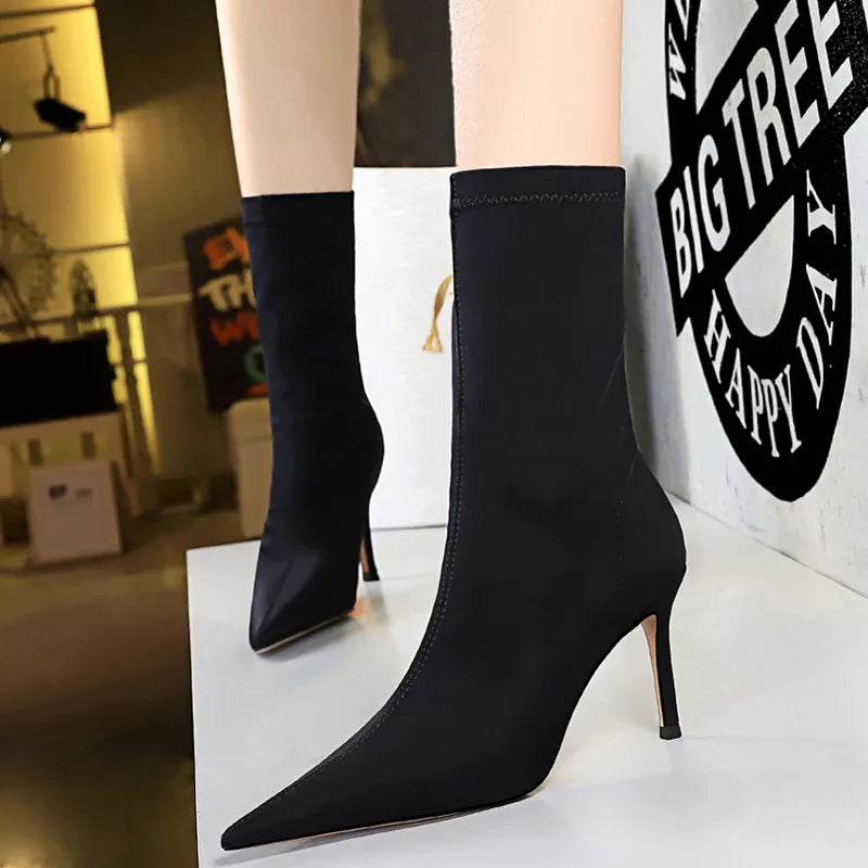 Mid-calf Boots Sexy Sock Boots Stretch High Heels Boots Fetish Women Shoes Autumn Winter Boots Stiletto Women Pumps 41 BE315-A1-black7.5cm