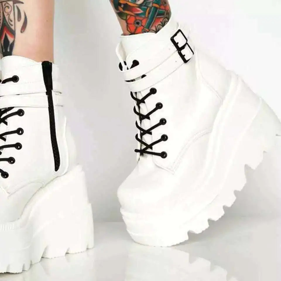 Platform Shoes Slanted Heel Colorful Hight-Top Buckle Casual Women's Shoes plus Size Women's Boots zapatos de mujer WHITE