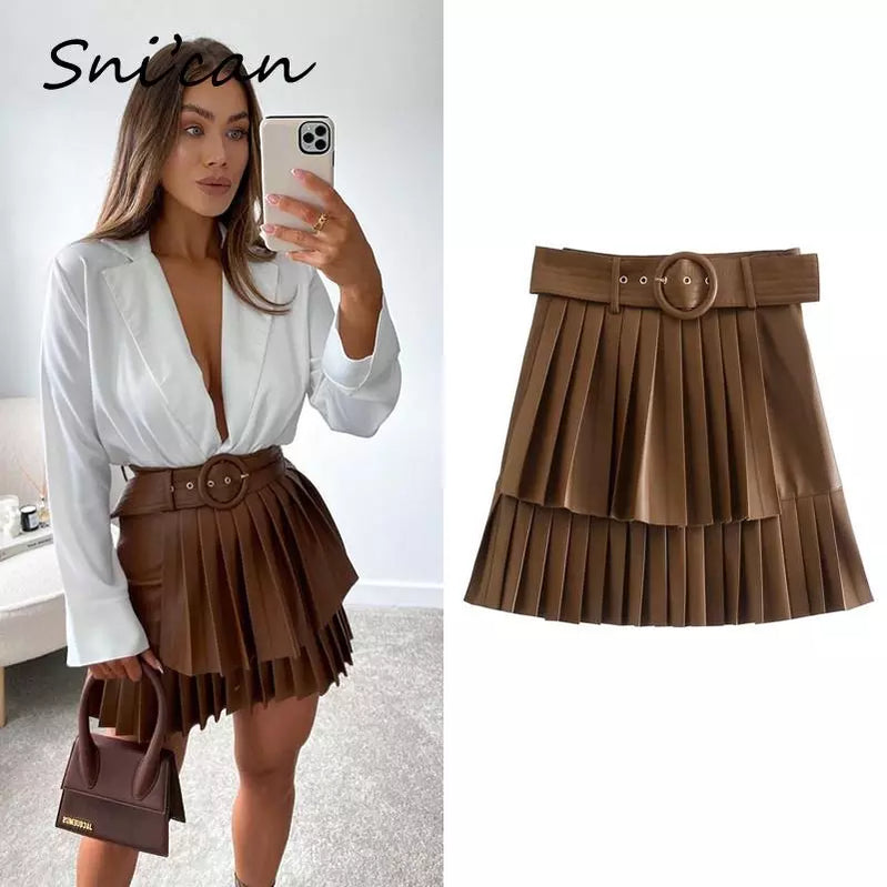 Bown saia de couro pu com cinto moda outono sprint em cascata plissado cintura alta jupe cuir femme feminino falda plisada