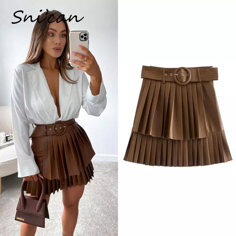 Bown Pu Leather Skirt With Belt Fashion Autumn Sprint Cascading Pleated High Waist Jupe Cuir Femme Women Falda Plisada