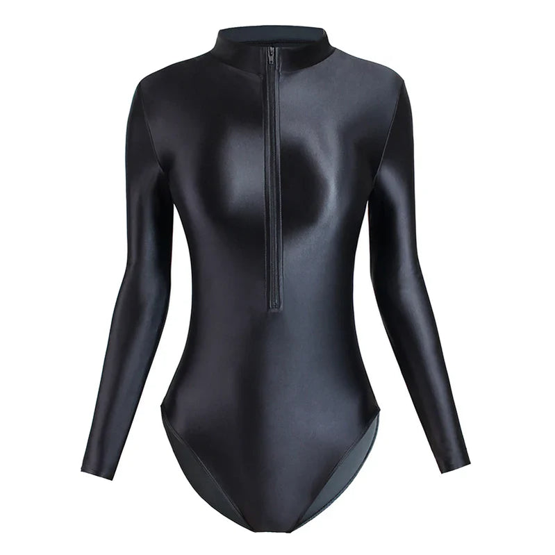 Satin Shiny Japanese Women's Sexy Body Suits Front Zipper Long Sleeve Tight Glossy Silky High Cut One Piece Swimsuit Plus Size black