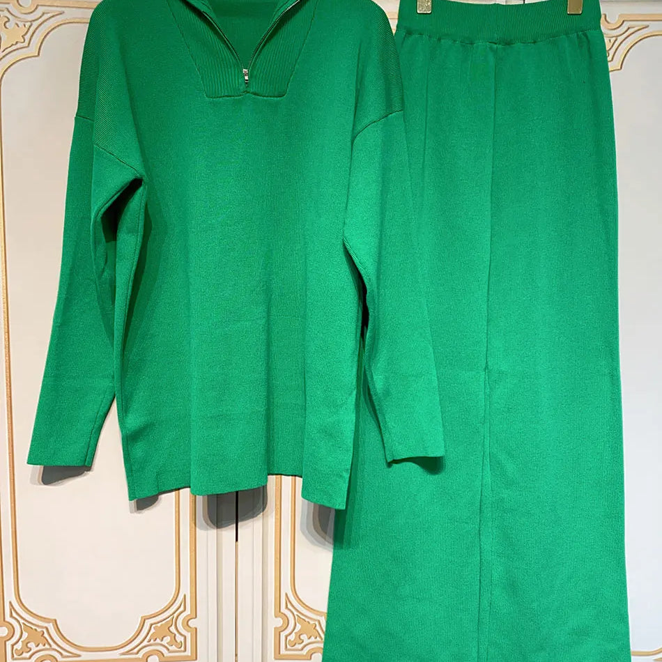 2024 Casual Autumn Loose Knit Sweater Set Fashion Zip Lapel Long Sleeve Pullover Sweater & Straight Pants Two-piece Set