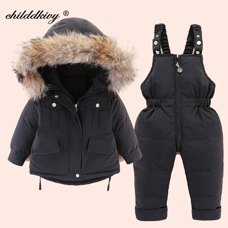 2pcs Set Children Winter Down Jacket and Jumpsuit for Baby Thicken Jacket for Girls Coat Warm Real Fur Collar Boys Snowsuit 0-4Y black