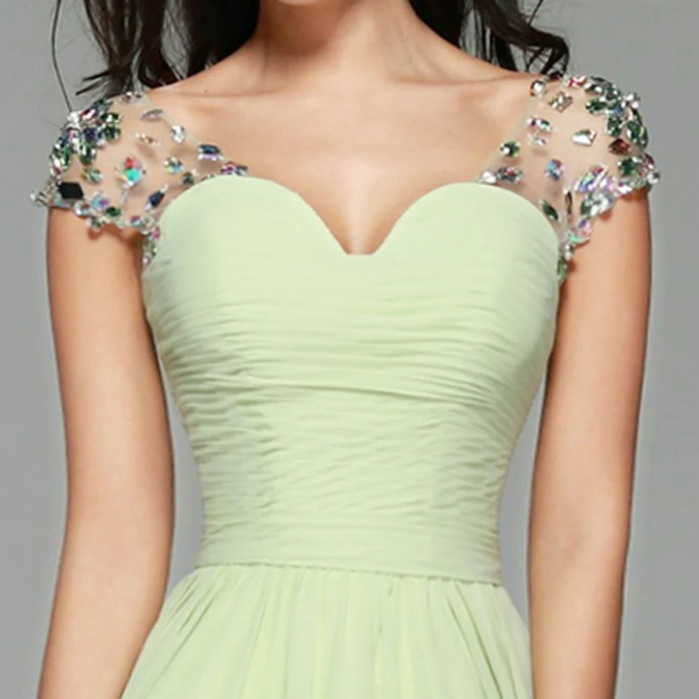 Elegant Cap Sleeves Light Green Prom Dresses Chiffon Crystal vestido de festa Evening Formal Dress for Women