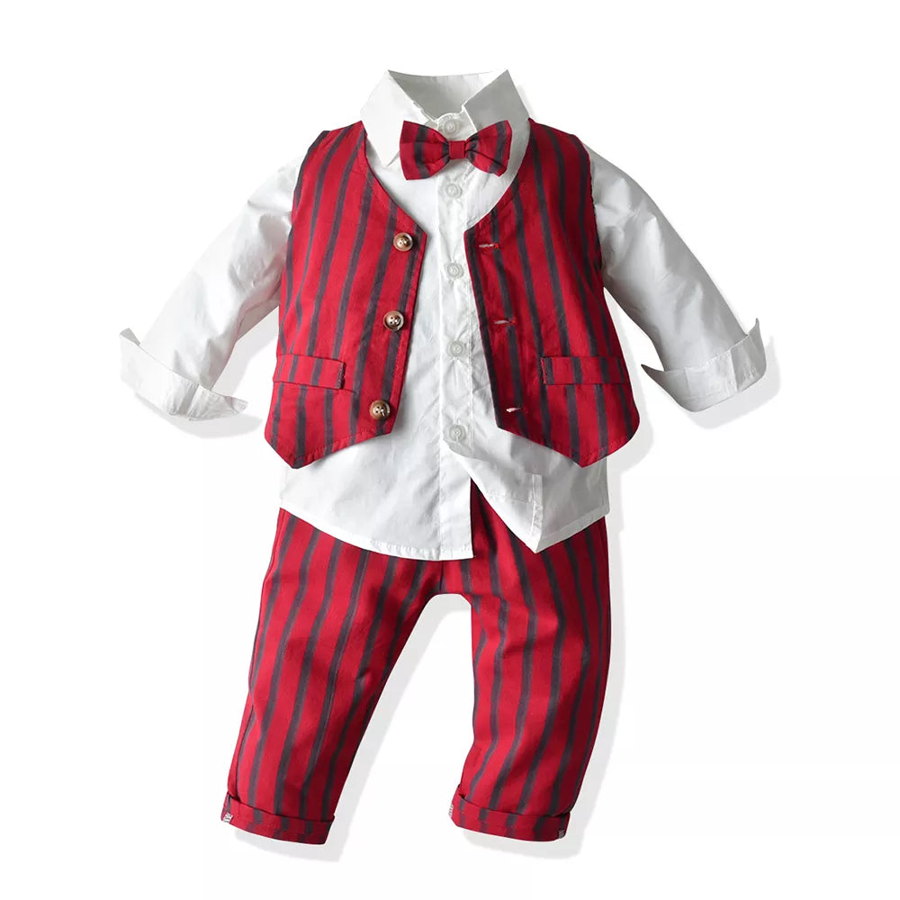 Top and Top Boys Gentleman Clothing Set Cotton Long Sleeve Bowtie Shirt+Waistcoat+Pants 3Pcs Suit Kids Boy Casual Clothes Set Red