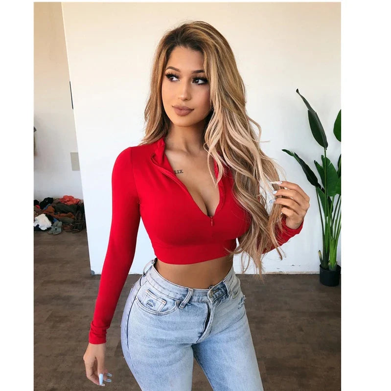 Women Long Sleeve Crop Tops Skinny Sexy Ladies Skinny Autumn Pre-fall Turtle Neck Zip Up T-Shirt New Tees