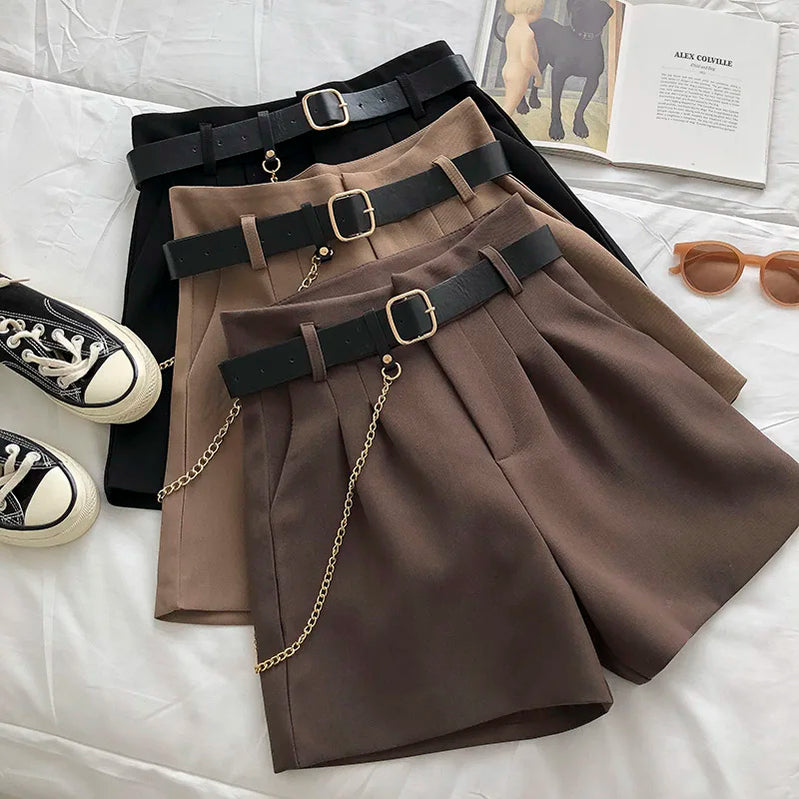 2021 New Casual Comfortable Elegant Wild Shorts With Belt Women's Woolen Shorts Autumn Winter Slim Wide Leg A-line Shorts