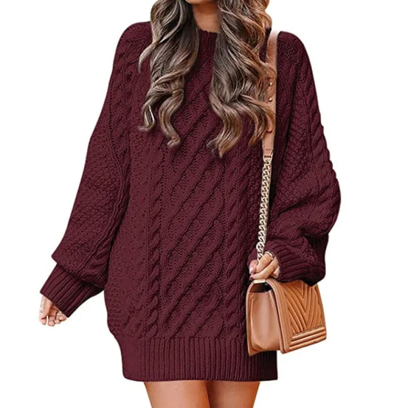 13 Colors Women Crewneck Long Sleeve Oversized Tops Cable Knit Chunky Pullove Thick Autumn and Winter Sweater Dresses Wine red
