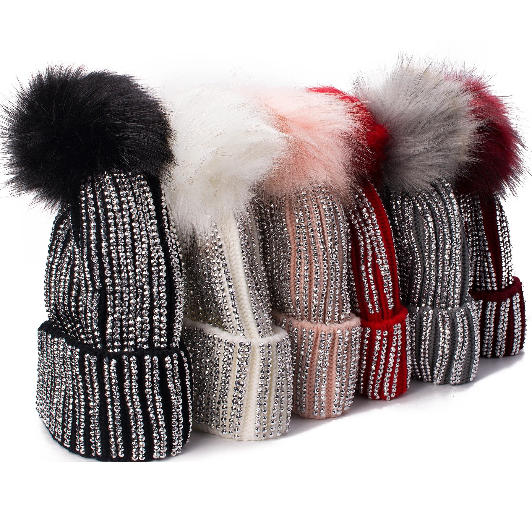 Winter Hats Faux Fur Pom Pom Rhinestone Bling Style Women Beanies Warm Knitted Skull Cap - Basso & Brooke