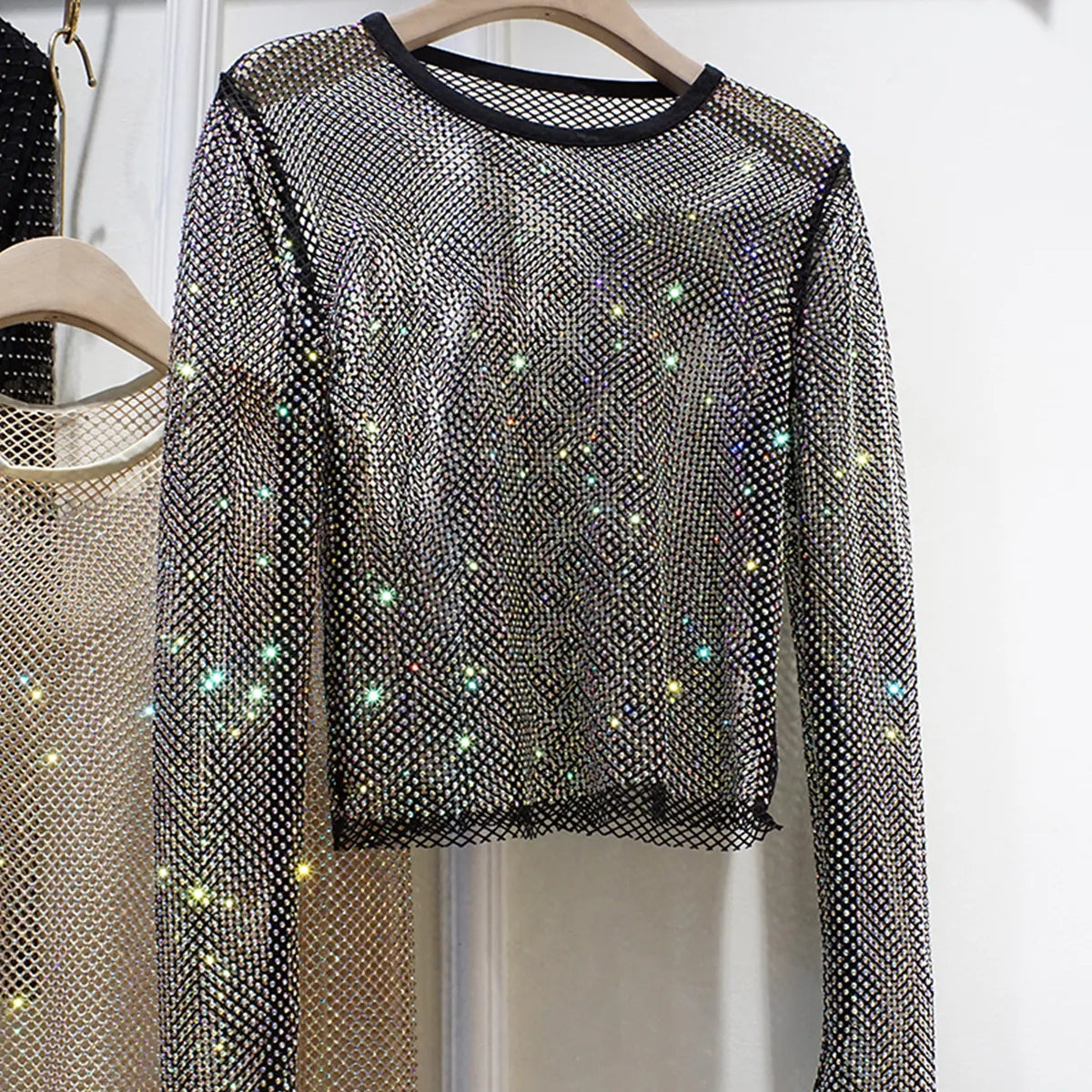 New Ladies Temperament Rhinestone Round Neck Long Sleeve Bright Summer Starlight Hollow Shiny Bottoming Shirt Women's Top Trend black One Size