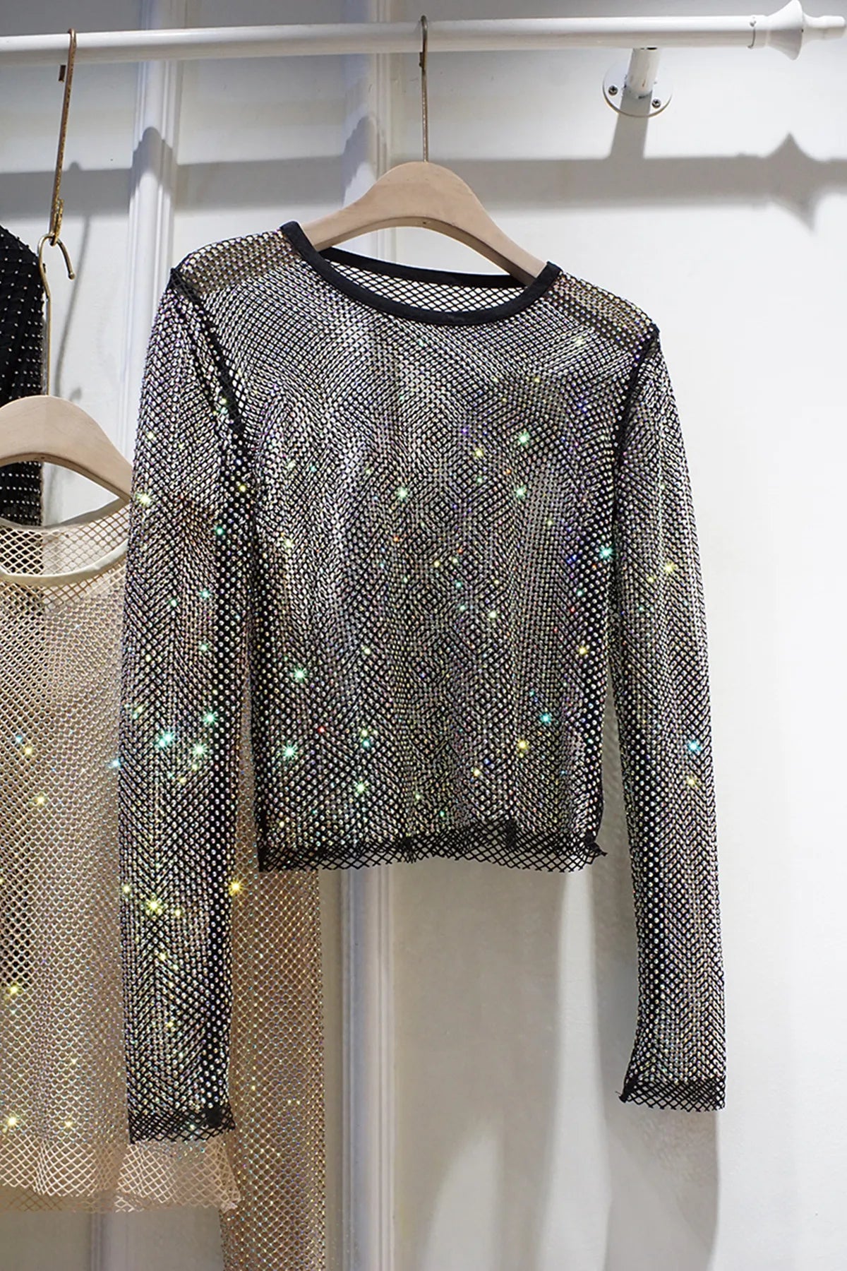 New Ladies Temperament Rhinestone Round Neck Long Sleeve Bright Summer Starlight Hollow Shiny Bottoming Shirt Women's Top Trend black One Size