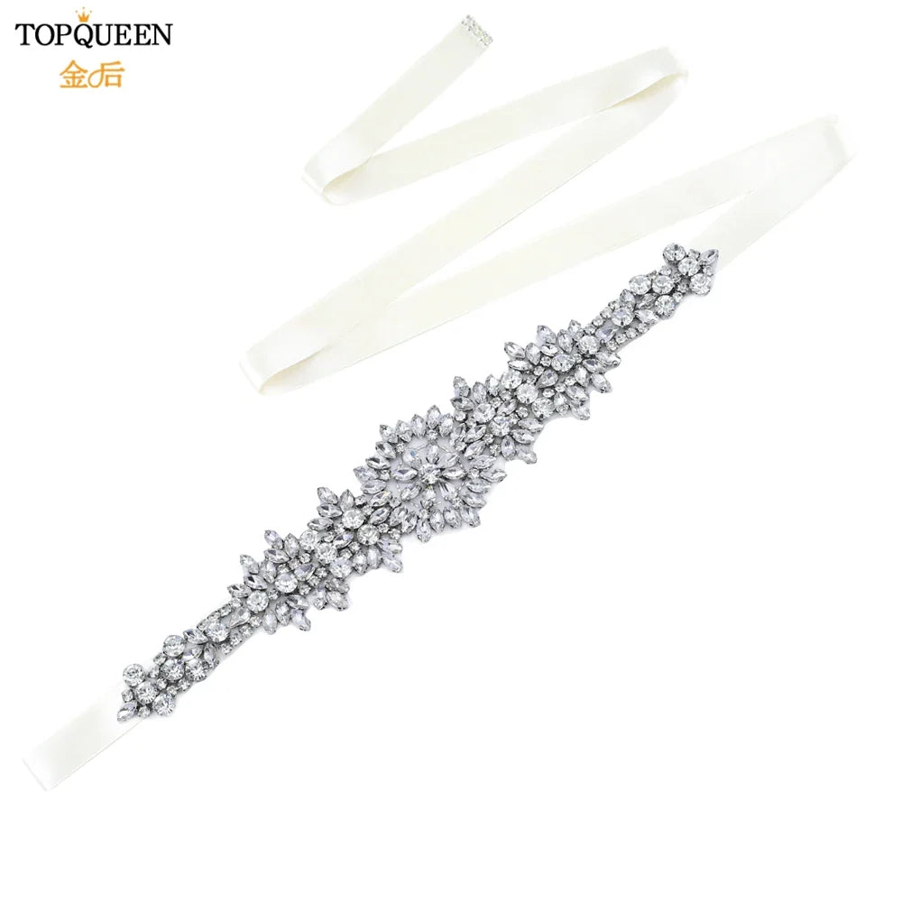 TOPQUEEN S319 Rhinestones Wedding Belt Sparkly Bride Dress Decorative Sash with Stone Jeweled Satin Ribbons Silver Gown Applique Off white ribbon