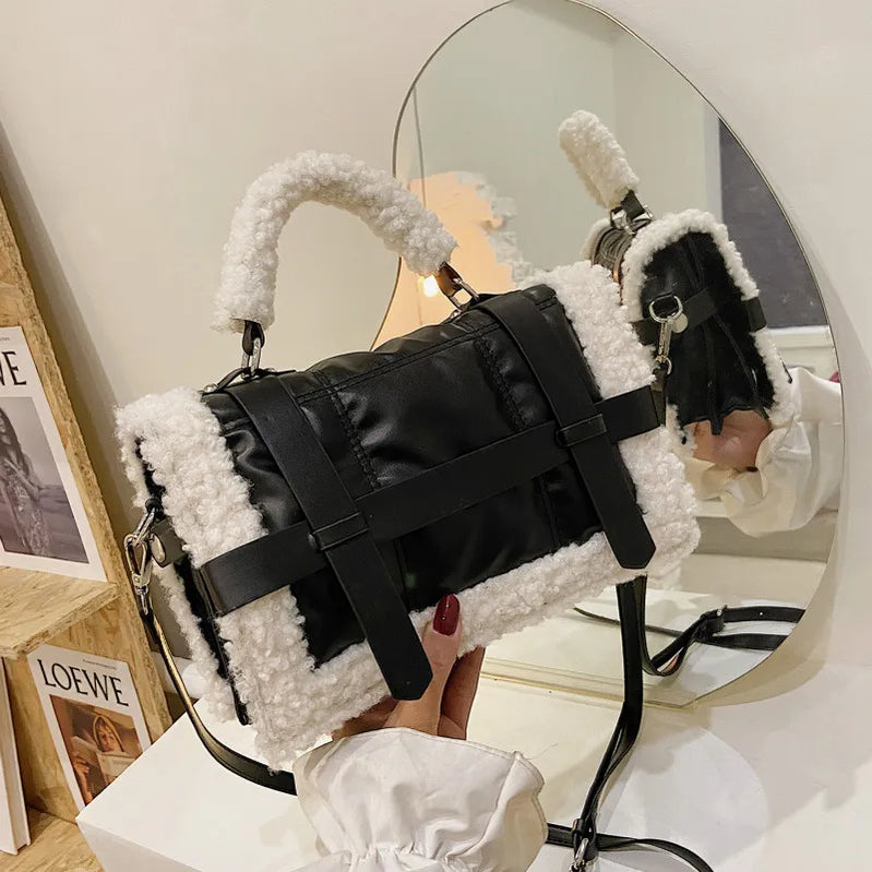 fashion lambswool quilted women handbags design brand shoulder bags luxury pu leather space padded crossbody messenger bag black