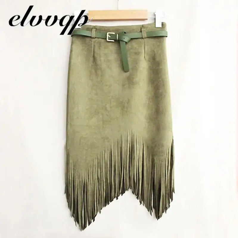 Multi Color Suede Sexy Midi Pencil Skirt Women Fashion High Waist Office Lady Bodycon Tassel Skirts With Belt green