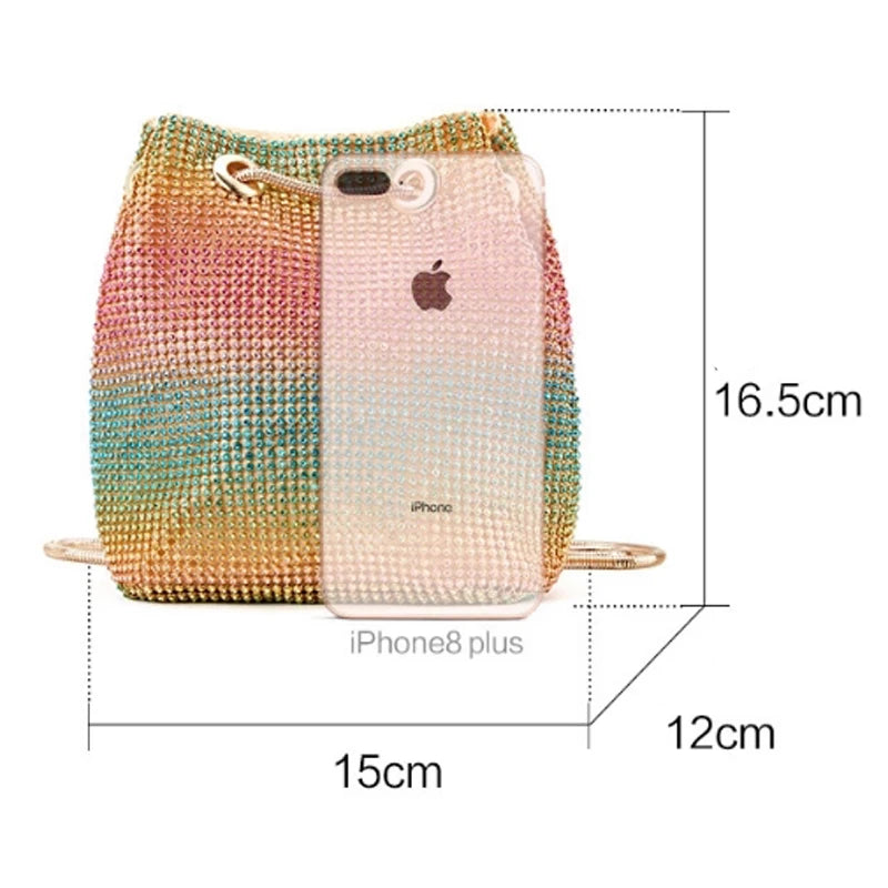 Bucket Women Fashion Evening Bags Diamonds Rainbow Soft Day Clutch Shoulder Snake Chain Rhinestones Party Handbags Wedding Purse
