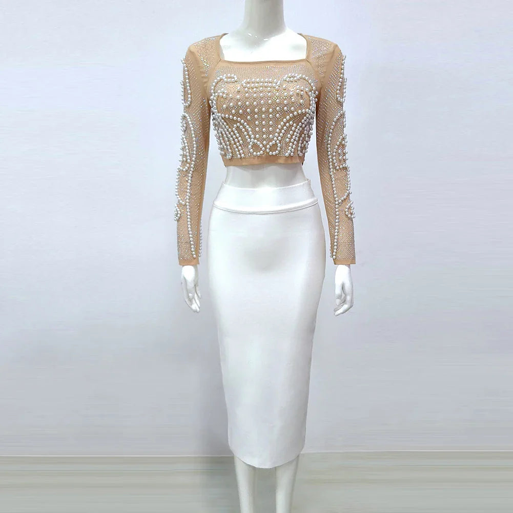 Top Quality Celebrity Black White Two Pieces Set Pearl Beading Hollow Out Rayon Bandage Dress Party Fashion Dress Vestidos WHITE