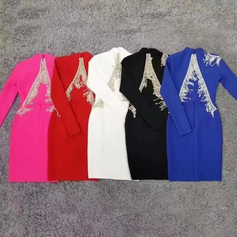 Red Black Sexy Fashion Sparkly Backless Diamonds Tassel Rayon Bandage Dress Cocktail Party Dress Vestidos