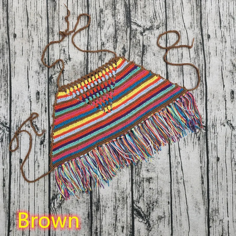 Handmade Crochet Colours Stripes in the Holi Top Sexy Bikini Top Beach Women Tassel Swimwear Top Brown