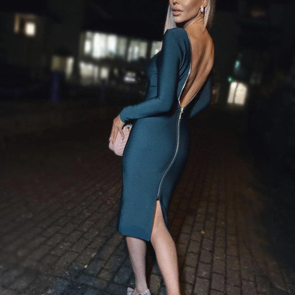 5 Colors Winter Style 2021 Sexy Long Sleeve Backless Zipper Midi Red Bodycon Bandage Dress Fashion Evening Party Dress Vestido