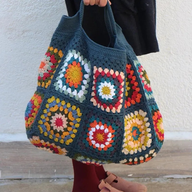 Navy Granny Square Crochet Bag Hippie Classic Handmade Crochet Colorful Boho Chic Shoulder Tote Bags For Winter navy blue