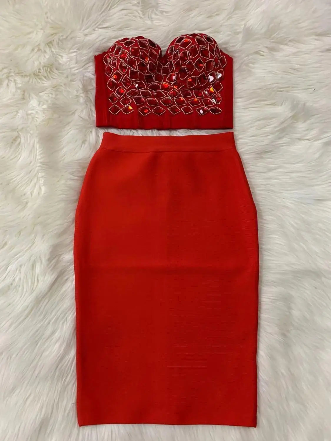 Red Mantual Beading Two Pieces Set Rayon Bandage Elegant Club Party Dress
