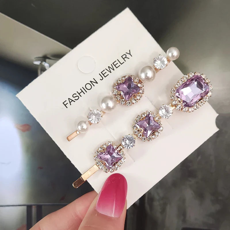 Set Women Hair Clips Jewelry Fashion Crystal Hair Accessories For Girls Luxury Pearl Geometric Barrettes Pins Christmas Gift 2pcs-purple