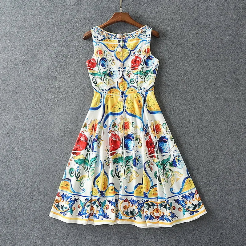 Luxury Designer Fashion Women's Midi Dress WIth Multicolor Floral Print Summer Clothing for Holiday Party Vacation 2024