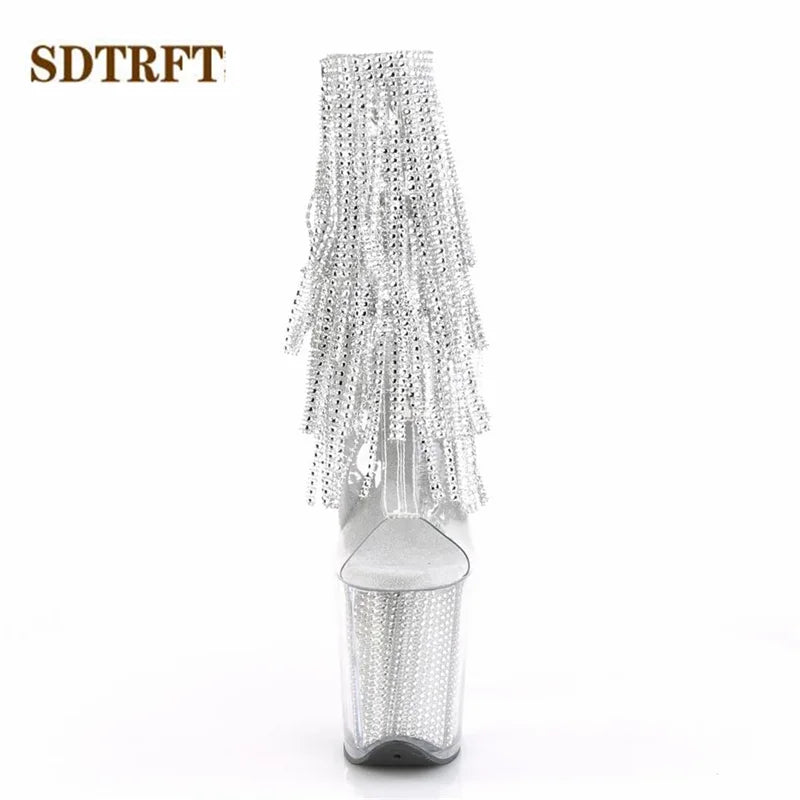 Stilettos 20cm Thin Heels Ankle boots transparent Platforms shoes Woman Rhinestone Tassels Botas Mujer Sequined pumps
