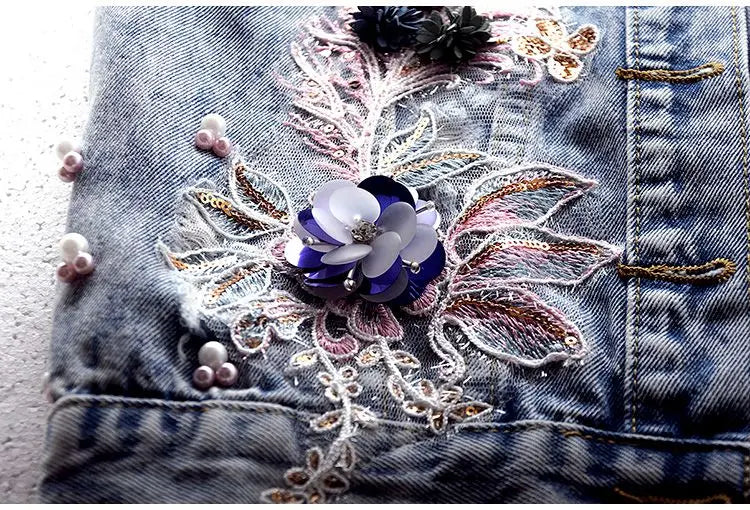 Student Vest Slim Short Jacket Embroidery Flowers Sleeveless Denim Vest Women's Beaded Waistcoat Hole Jeans Vest Coat Girl