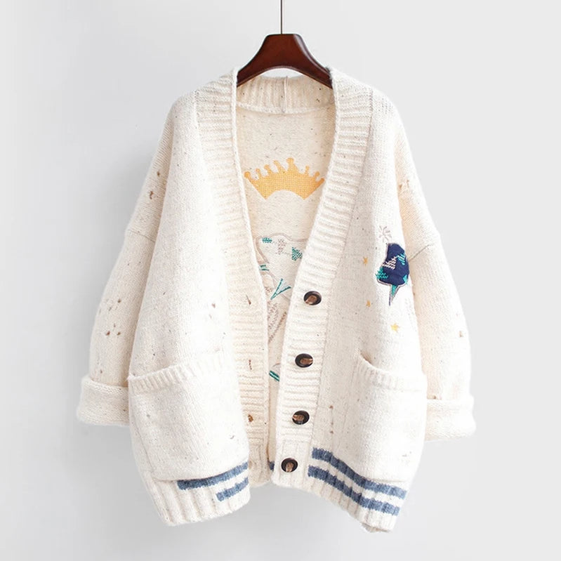 Elegant knitwear Women Cardigan Sweater spring autumn Knit Cardigan Cartoon Embroidery Oversize Sweater Coat outwear Beige One Size