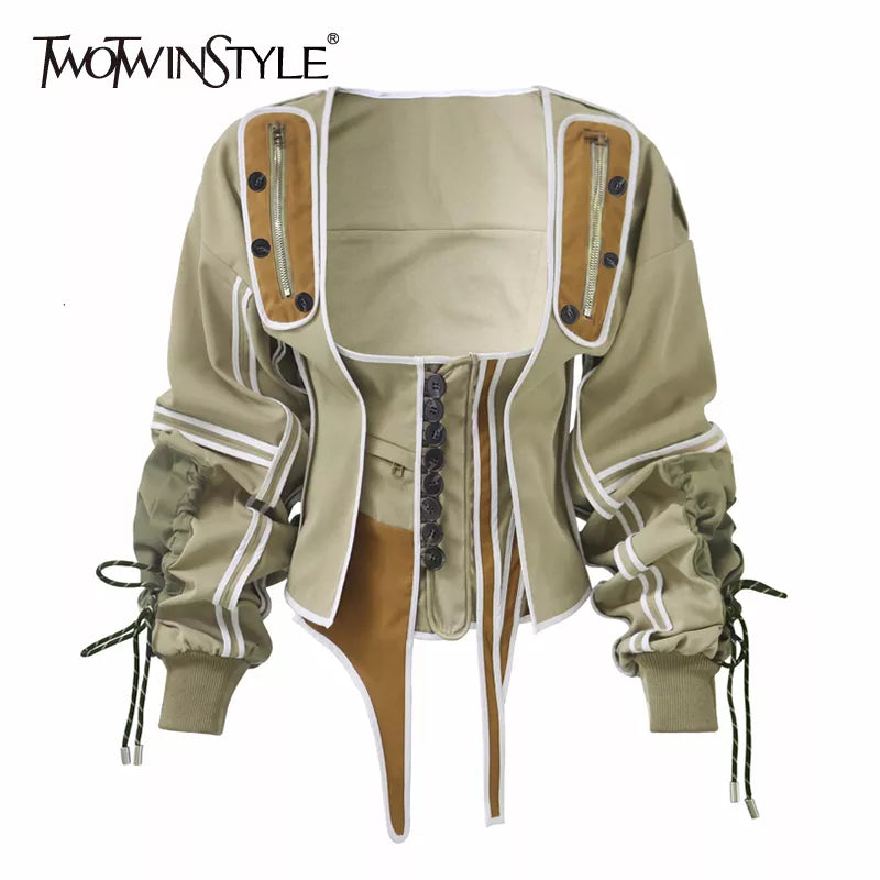 Casual Patchwork Hit Color Irregular Jacket Women Square Collar Lantern Long Sleeve Lace Up Female Coats