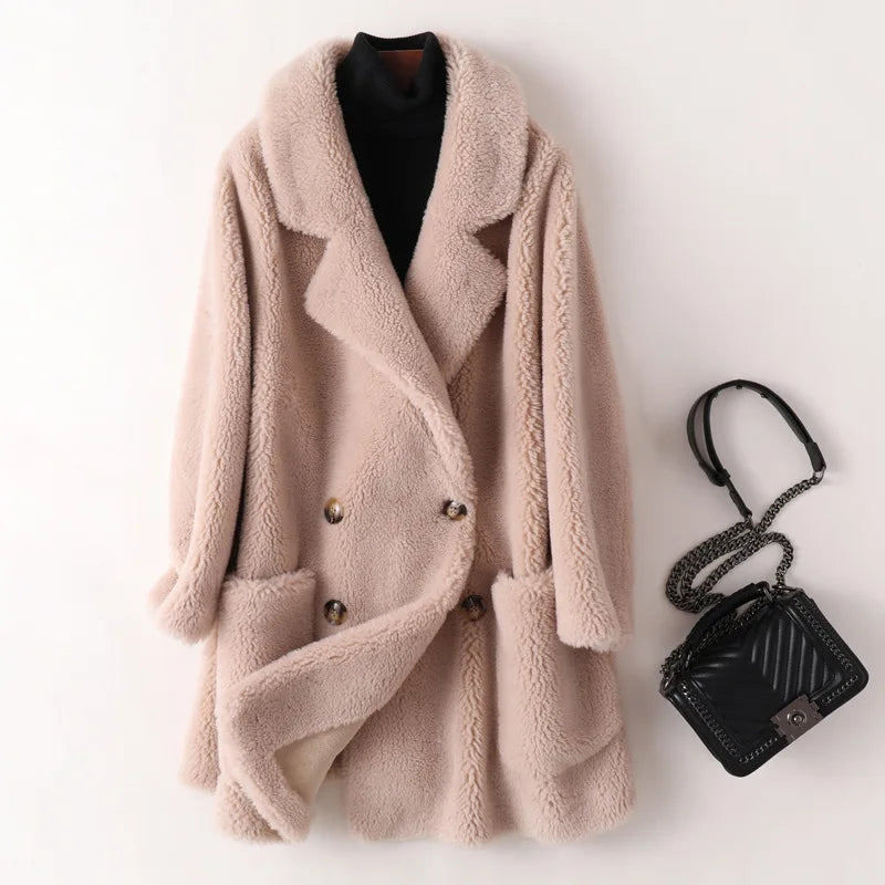 Real Fur Coat High Quality Australian Womens Natural Wool Coats Thick Warm Elegant Loose Large Size Long Outwear For Women Apricot