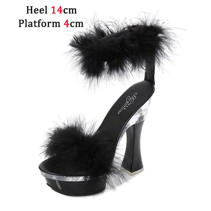 4 Color Feather Thick High Heels Platform Sandals Women 14cm 17cm Heels Shoes Female Summer Hair Wedding Pumps Shoes Black 14cm