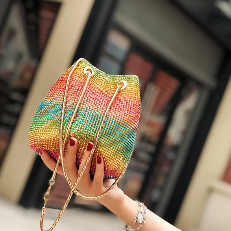 Bucket Women Fashion Evening Bags Diamonds Rainbow Soft Day Clutch Shoulder Snake Chain Rhinestones Party Handbags Wedding Purse - Basso & Brooke