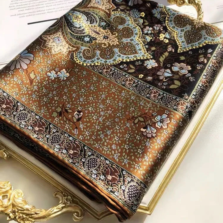 Coffee Gold 100% Mulberry Silk Women's Scarf Bandana Fashion Plaisley Style Square Scarves Hijabs Winter Brand Headscarf Foulard