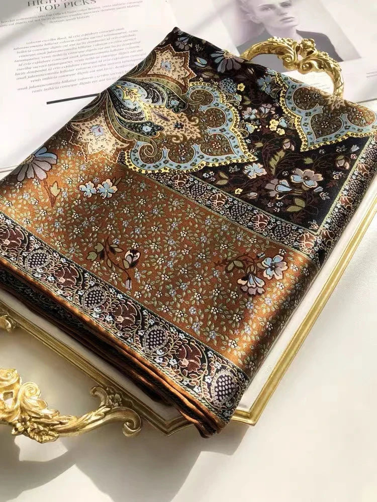 Coffee Gold 100% Mulberry Silk Women's Scarf Bandana Fashion Plaisley Style Square Scarves Hijabs Winter Brand Headscarf Foulard
