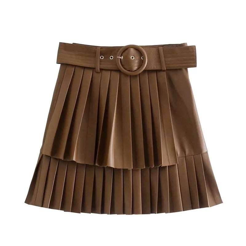 Bown Pu Leather Skirt With Belt Fashion Autumn Sprint Cascading Pleated High Waist Jupe Cuir Femme Women Falda Plisada Brown