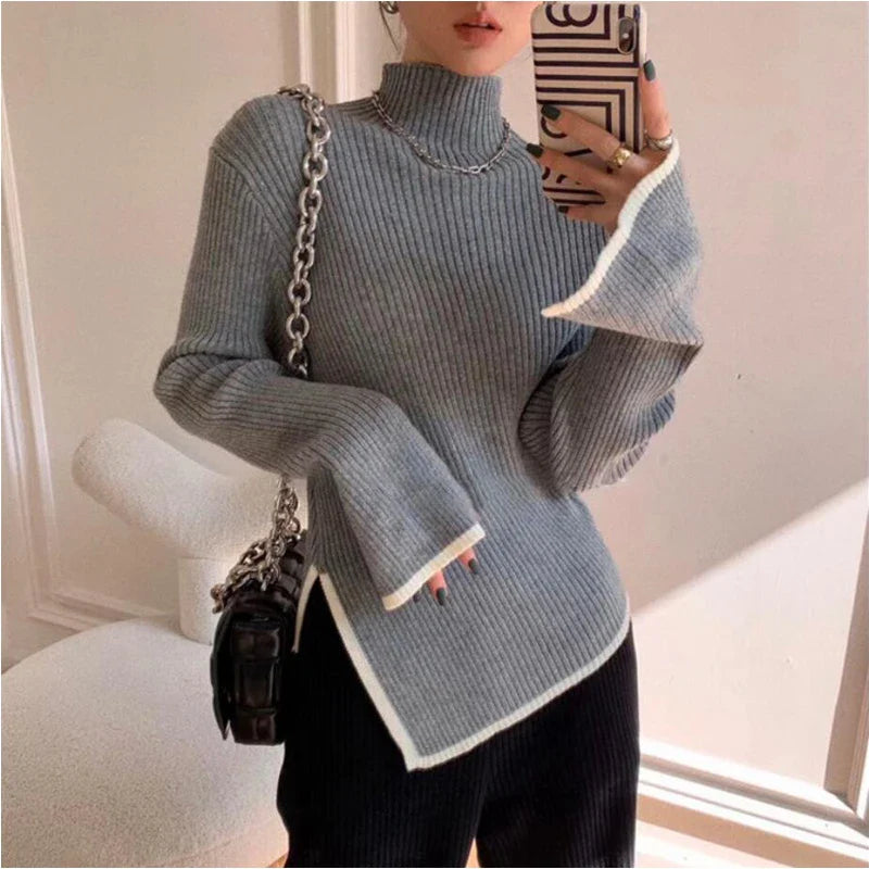 Turtleneck Women Sweater 2021 Autumn Winter New Side Slit Pullover Tops Korean Fashion Knit Sweaters Long Flare Sleeve Basic Grey