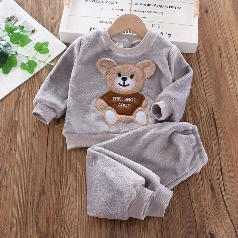 Baby Boys And Girls Clothing Set Tricken Fleece Children Hooded Outerwear Tops Pants 3PCS Outfits Kids Toddler Warm Costume Suit Gray