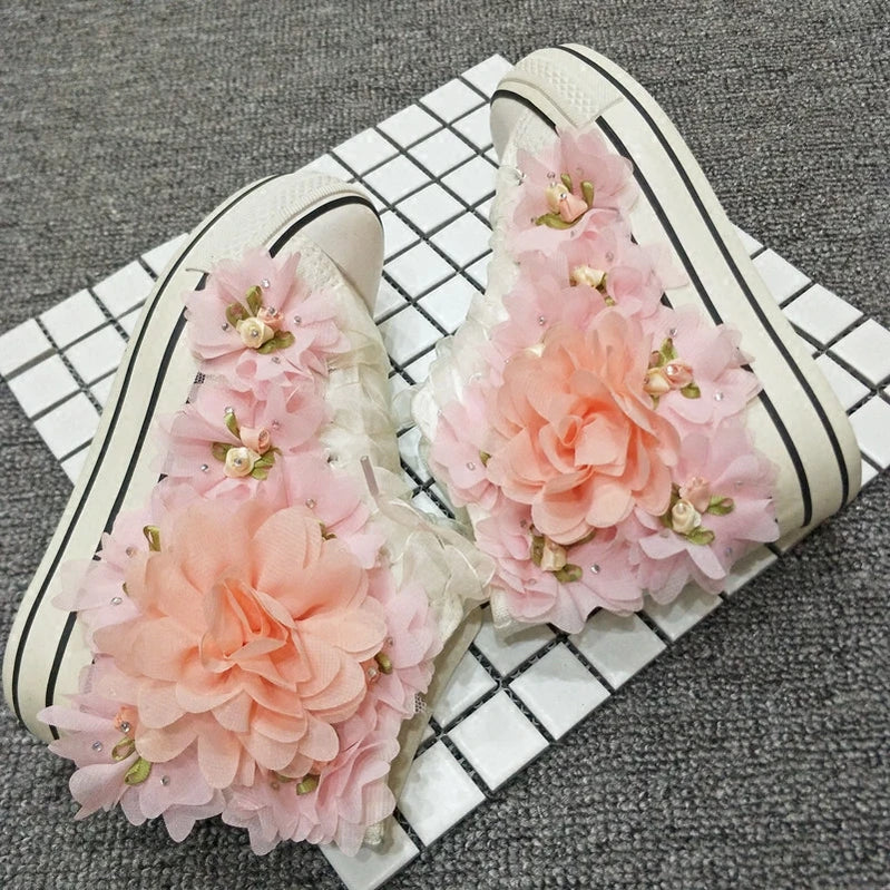 Handmade Flower Canvas Shoes for Women Rhinestones Pink Lace Flower Students Lady Casual Shoes White Platform Sneakers