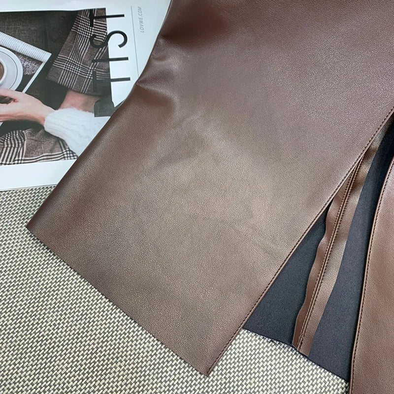 Vintage Faux PU Leather Hobble Skirts Women Sexy Bodycon Midi Skirts Hem Split Ladies Mermaid Skirt Party Clothes