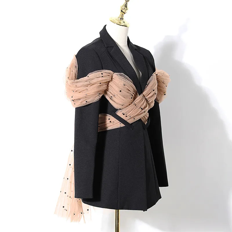 Casual Patchwork Dot Mesh Blazer For Women Notched Long Sleeve Backless Blazers Female Fashion Clothing