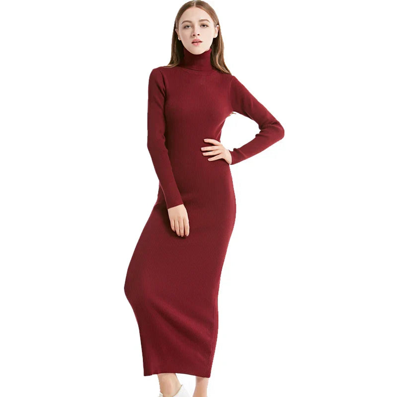New Fashion Women Sexy Party Dress Knit Style Long Sleeve Turtleneck Winter Maxi Dress Slim Work Wear Office Dress Vestidos Red wine